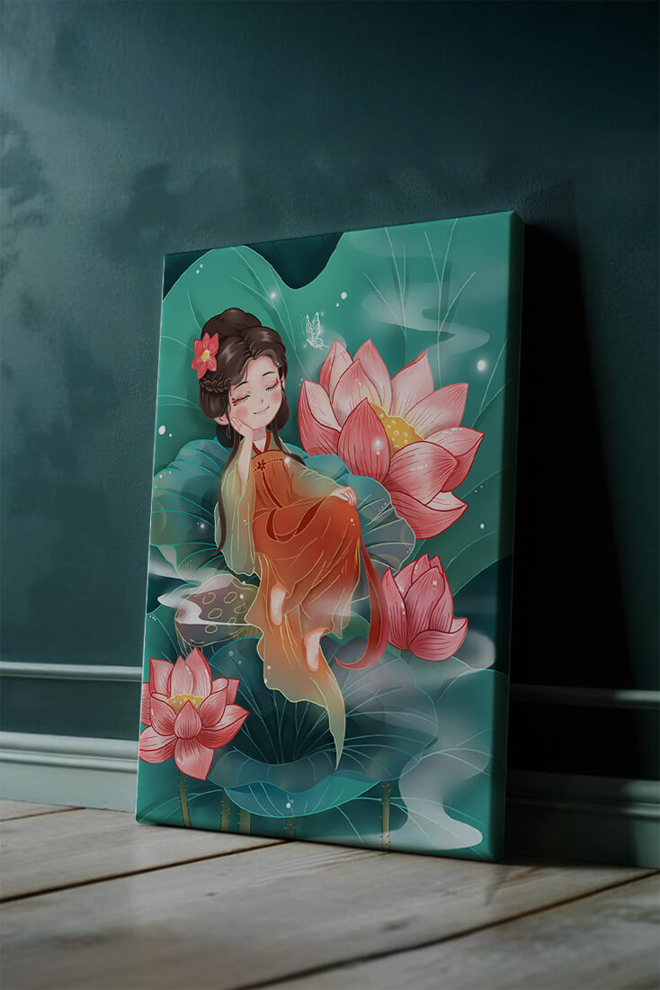 Charming illustration of a girl resting amidst lotus flowers
