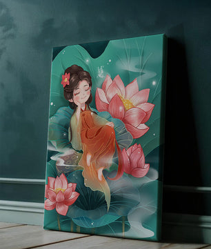 Charmante illustration d'une fille se reposant parmi des fleurs de lotus