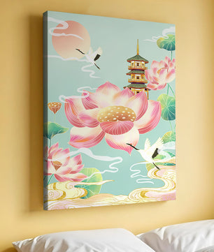 Paysage serein avec des fleurs de lotus et une pagode traditionnelle