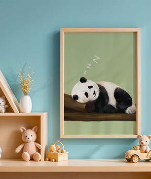Peaceful panda resting on a log in a serene setting
