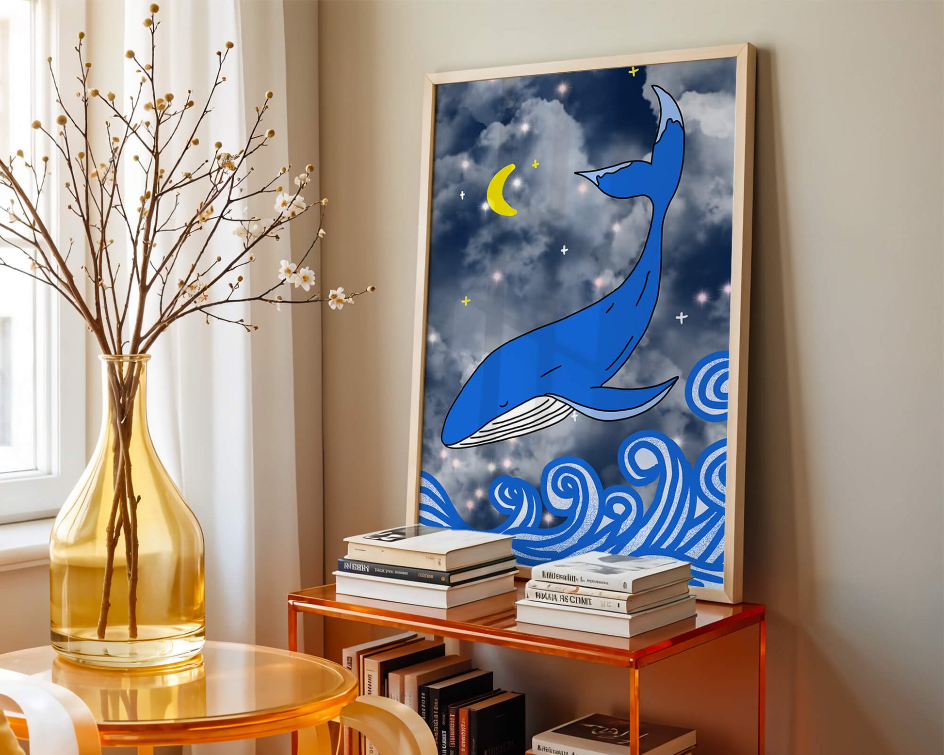 Whimsical blue whale in a starry night ocean scene