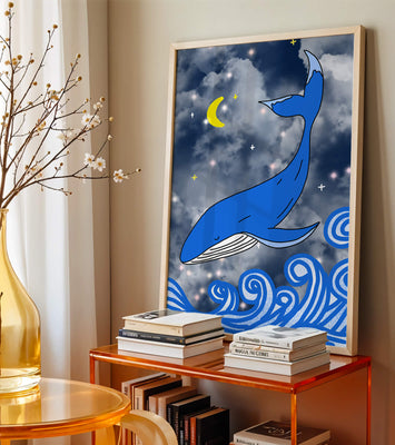 Whimsical blue whale in a starry night ocean scene