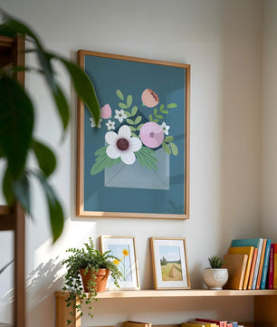 Bouquet floral illustré sortant d'une enveloppe sur un fond bleu sarcelle