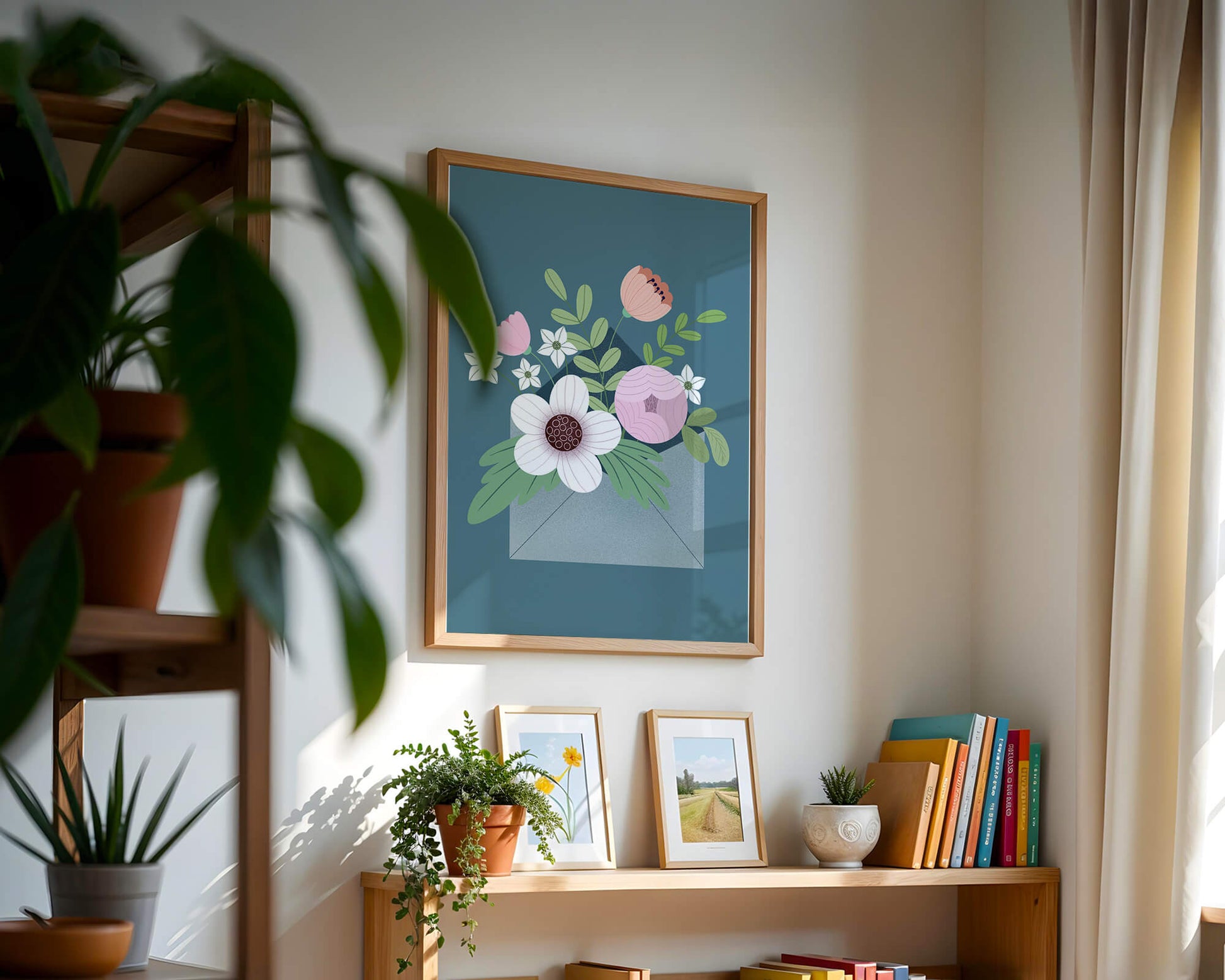 Bouquet floral illustré sortant d'une enveloppe sur un fond bleu sarcelle