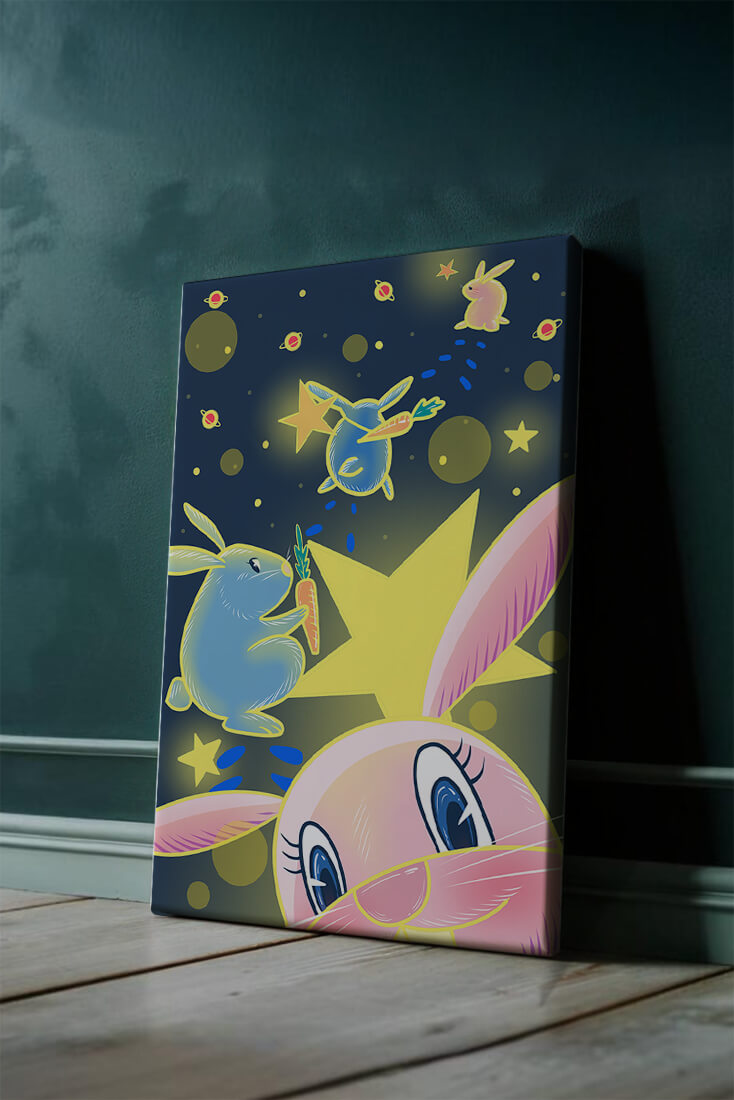 Playful bunnies with carrots and stars in a whimsical space scene