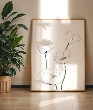 Zarte florale Linienzeichnung mit weißen Mohnblumen auf sauberem Hintergrund