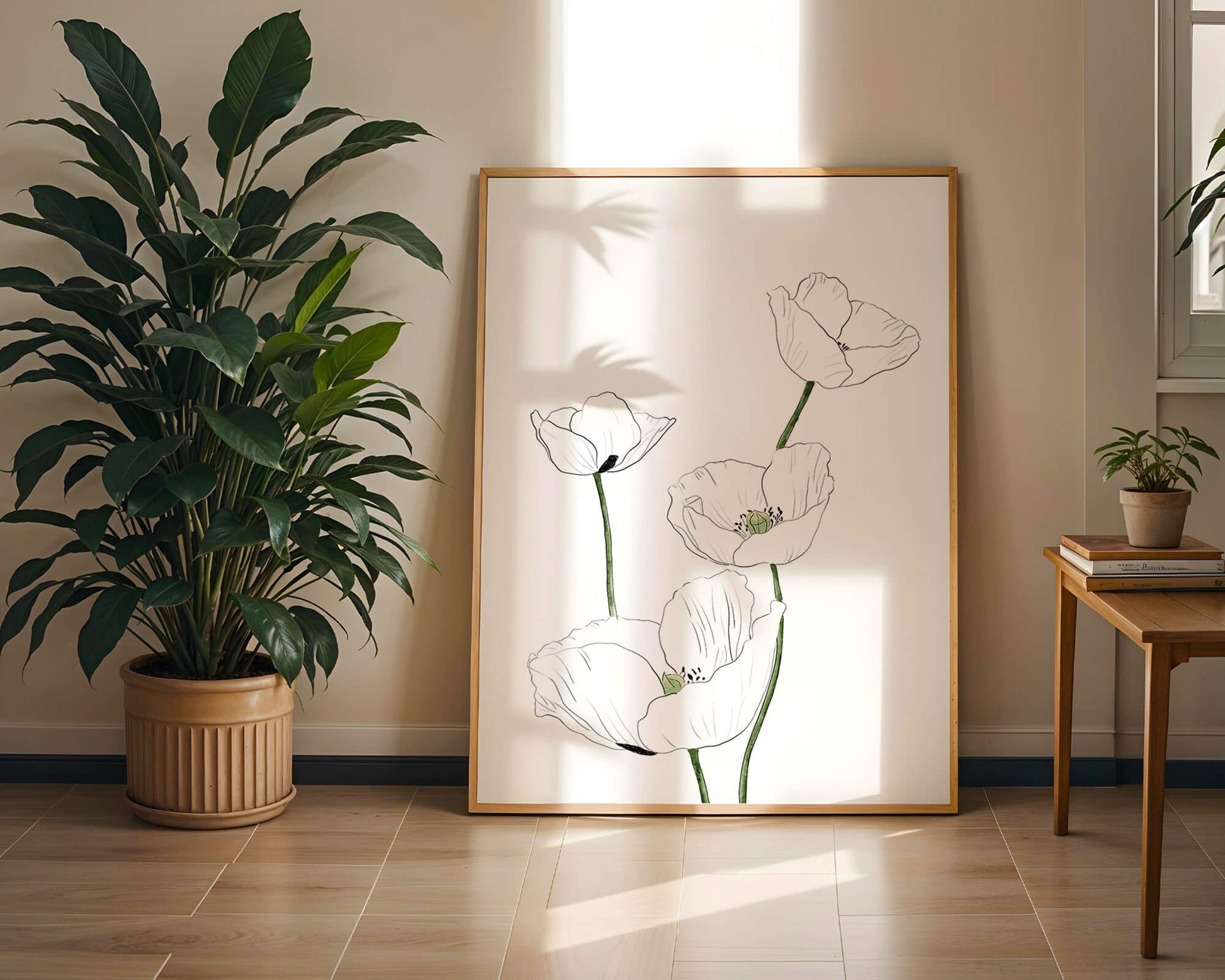 Zarte florale Linienzeichnung mit weißen Mohnblumen auf sauberem Hintergrund