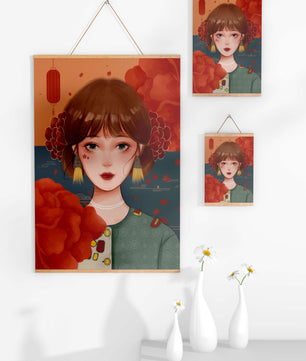 Digital art of a girl with floral and lantern elements