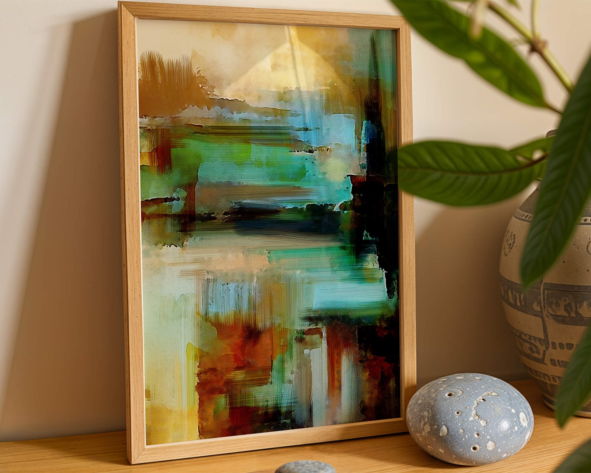 Abstract Expressionist Colorful Landscape with Earthy and Aqua Tones