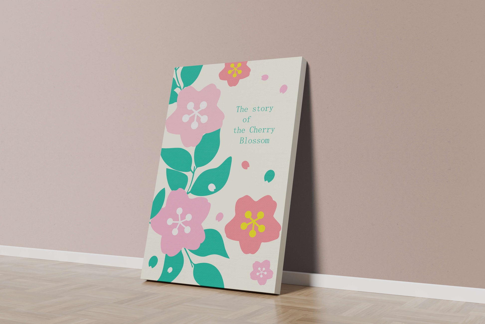 Floral illustration with cherry blossoms and green leaves