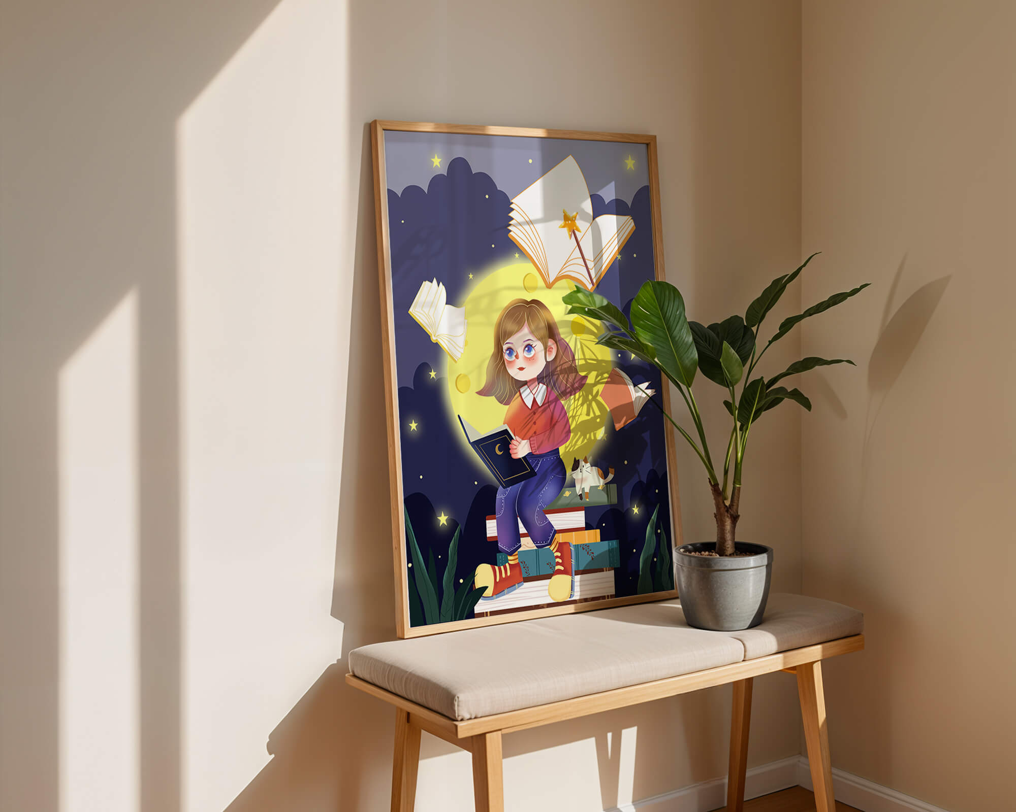 Illustration of a girl reading books under a starry night sky