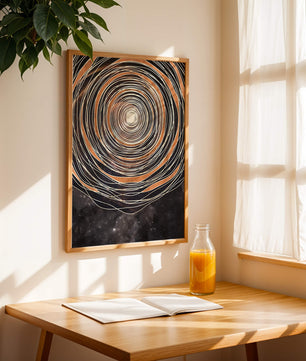 Espiral cósmica abstracta con patrones ovalados concéntricos y fondo estrellado