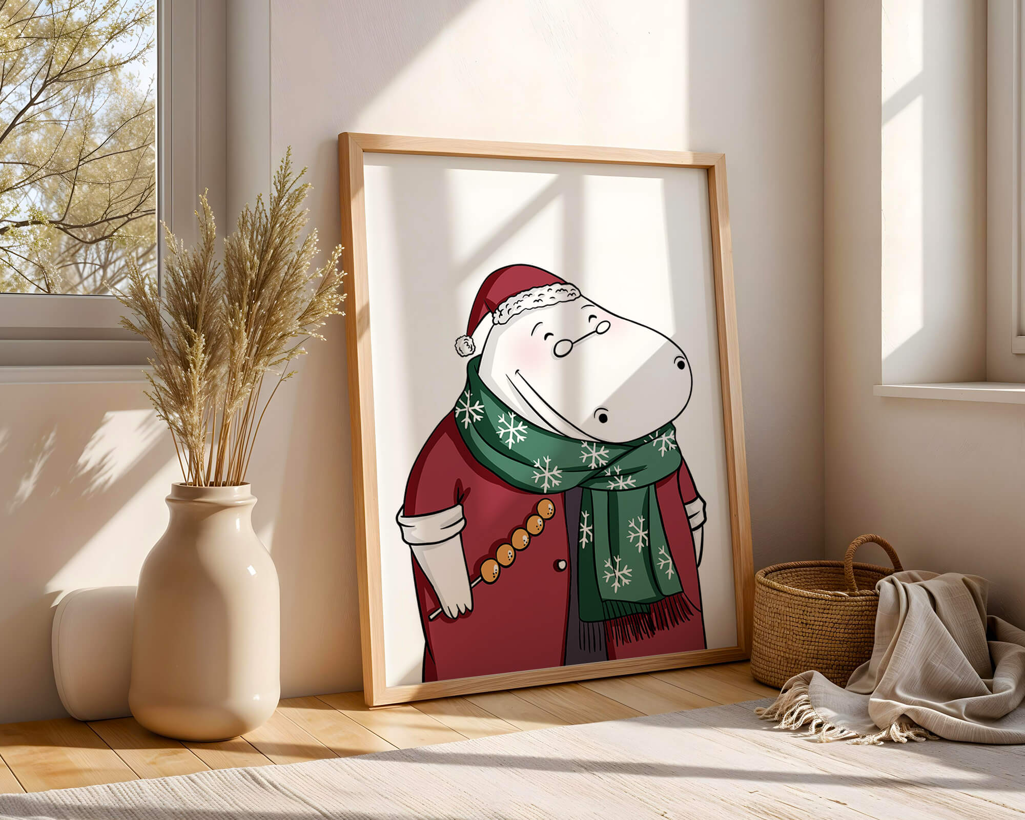 Festive hippo in a red outfit with a green snowflake scarf