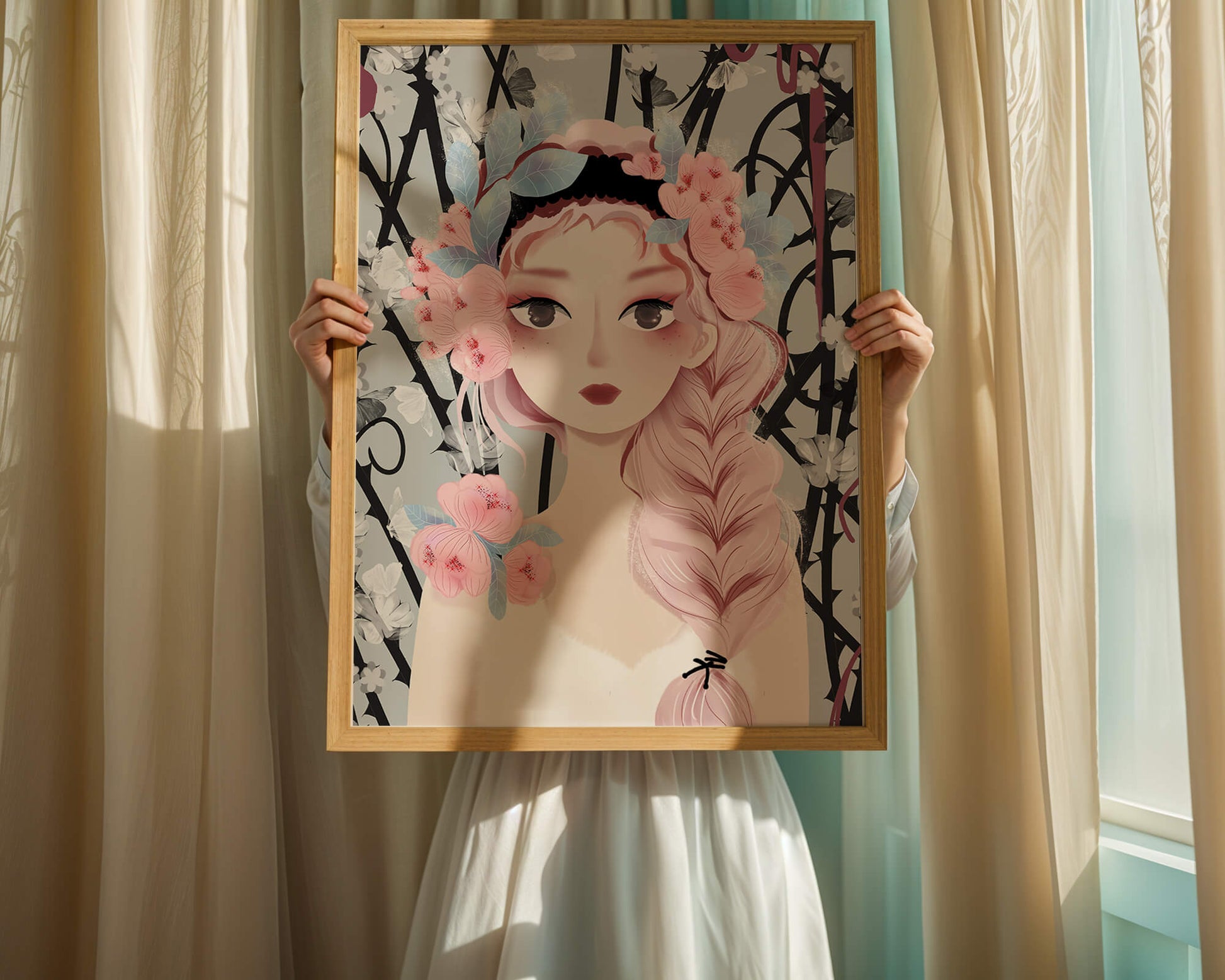 Whimsical illustration of a girl with pink hair and floral crown