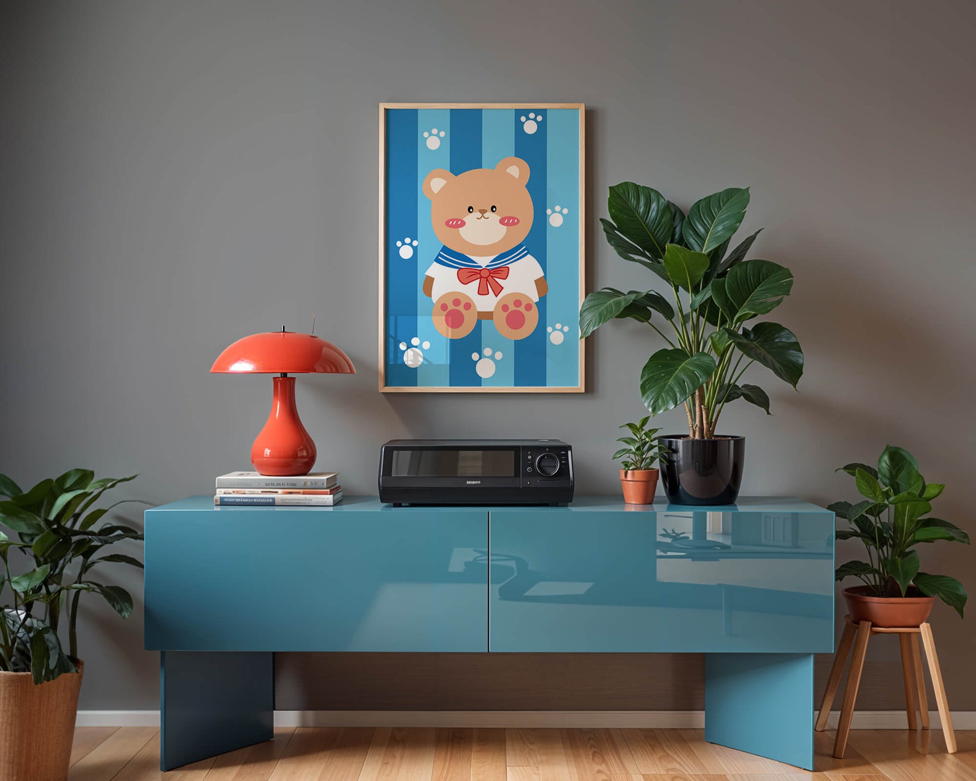 Adorable cartoon bear with sailor suit against striped background