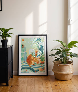 Dragon mythique au milieu de vagues stylisées et de montagnes aux couleurs vives