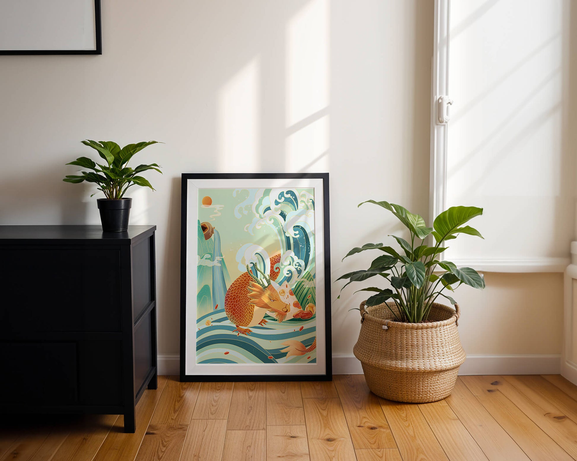 Mythical dragon amidst stylized waves and mountains in vibrant colors