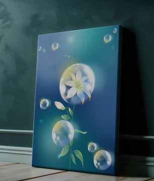 Zarte Blume in transparenten Blasen auf einem verträumten blauen Hintergrund