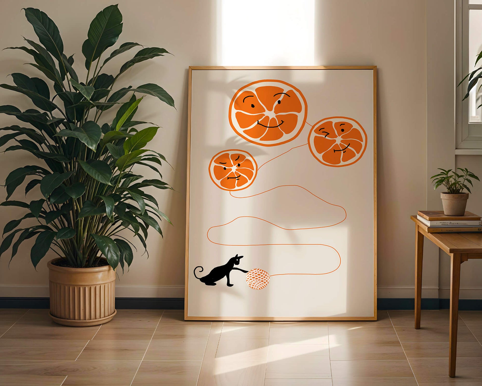 Playful illustration of oranges with cat and yarn