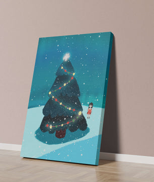 Winter scene with decorated Christmas tree and snowfall
