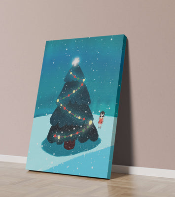 Winter scene with decorated Christmas tree and snowfall