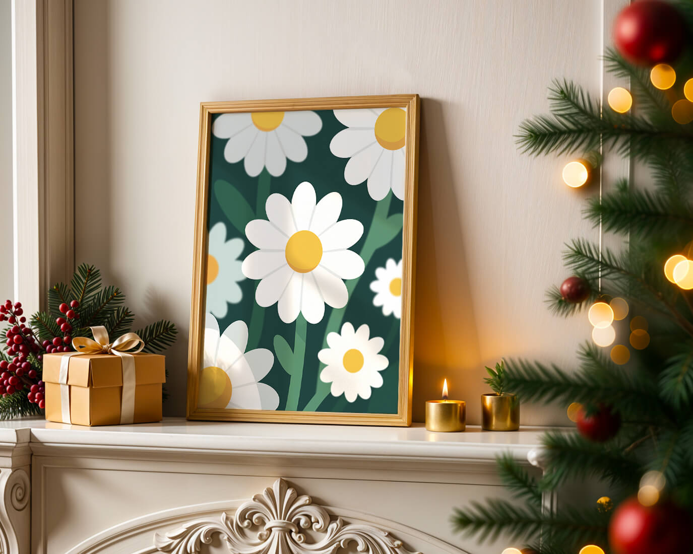 Margaritas sobre fondo verde oscuro con diseño abstracto