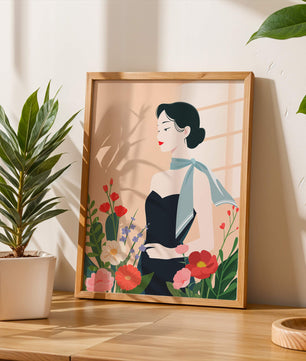Elegant Woman with Floral Background and Scarf