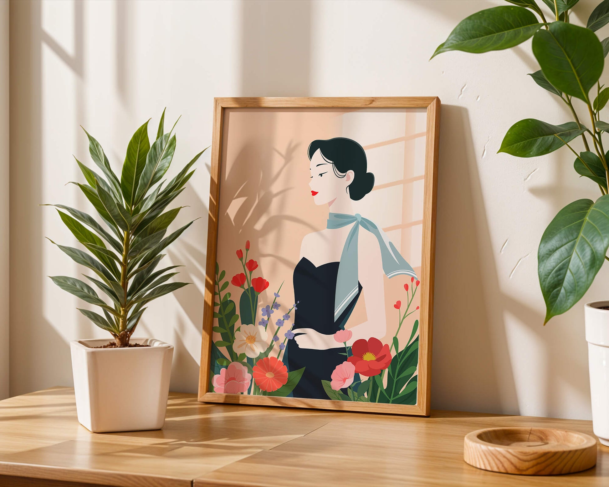 Mujer elegante con fondo floral y bufanda