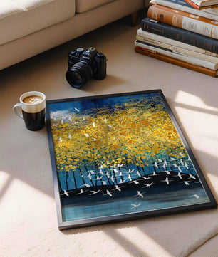 Paisaje abstracto con follaje dorado y aves voladoras