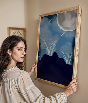 Paysage nocturne d'hiver avec arbres nus et pleine lune