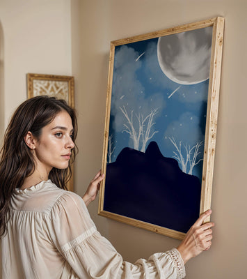 Winter Night Landscape with Bare Trees and Full Moon