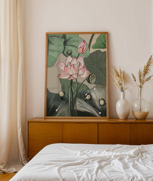 Illustrated lotus with playful cartoon bees in a serene garden