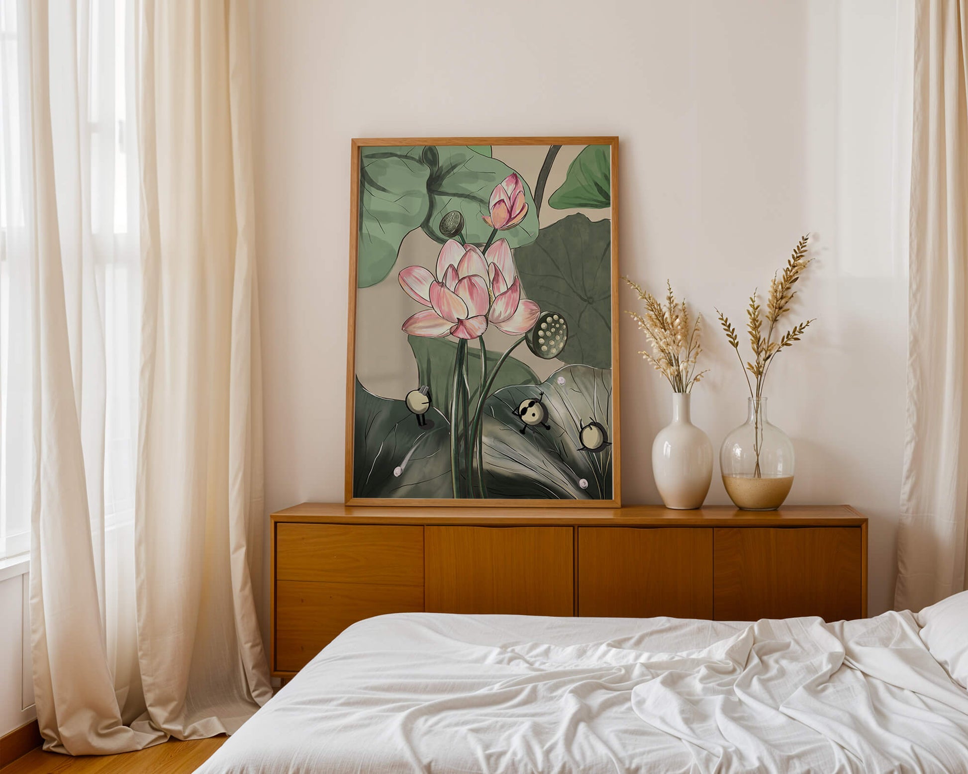 Illustrated lotus with playful cartoon bees in a serene garden