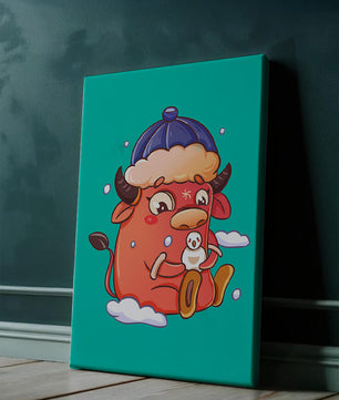 Winter cow cartoon with snowman on turquoise background