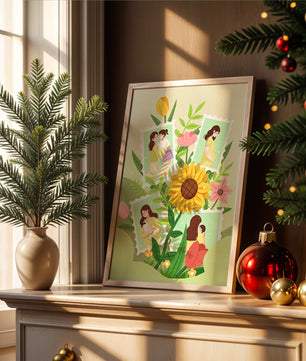 Ilustración de momentos familiares con fondo floral vibrante