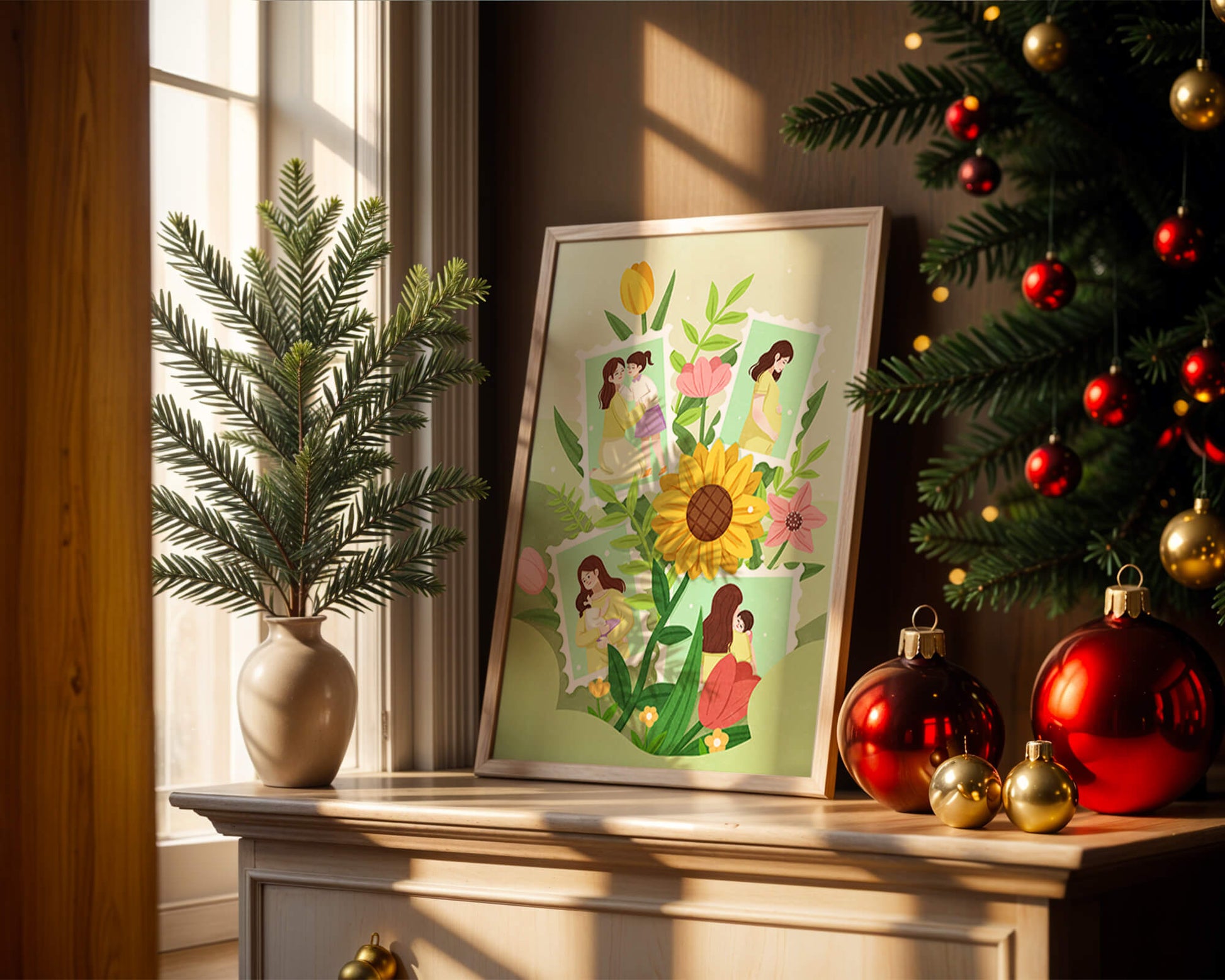 Ilustración de momentos familiares con fondo floral vibrante