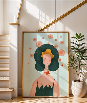 Whimsical Portrait of a Woman with Green Hair and Abstract Circles - Mi tienda