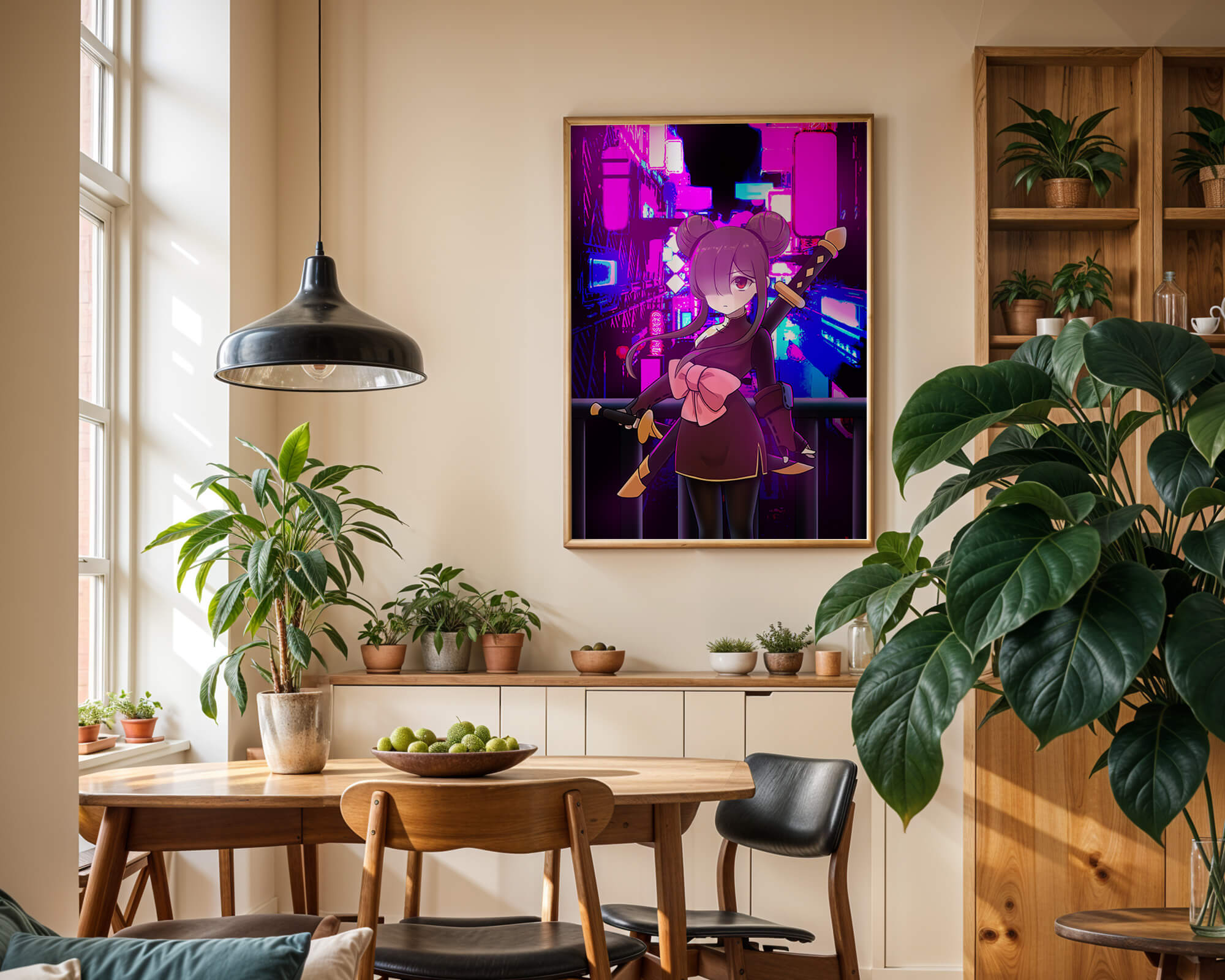 Anime Character with Swords and Neon Cityscape Background