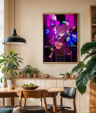 Personaje de anime con espadas y fondo de paisaje urbano neón