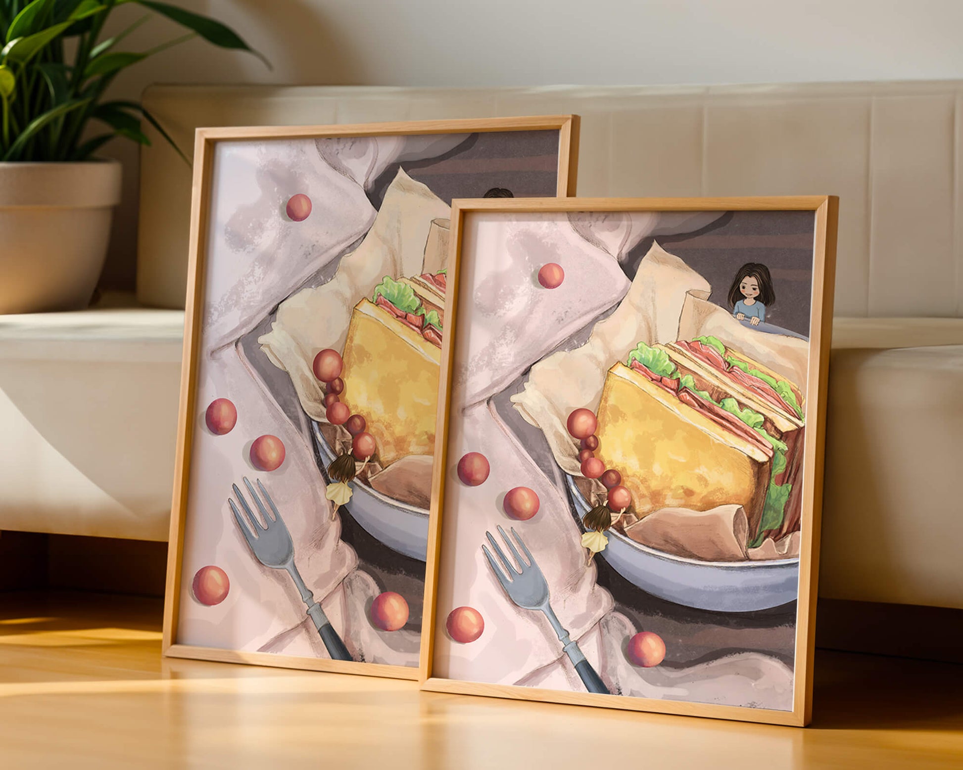 Niñas miniatura caprichosas cerca de un sándwich con tomates y tenedor