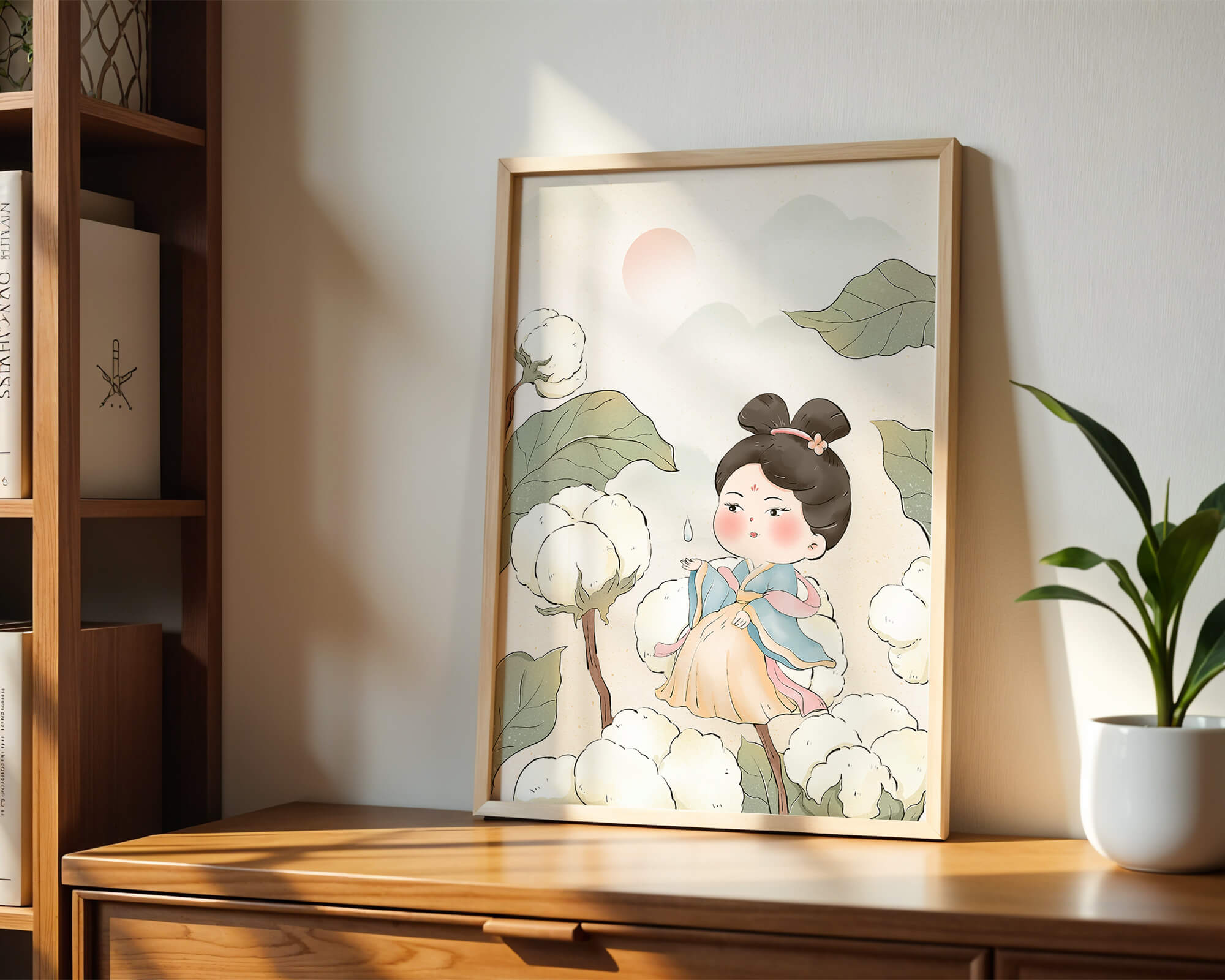 Elegant illustration of a young girl in traditional attire amid cotton plants