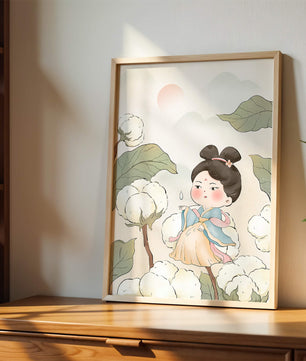 Illustration élégante d'une jeune fille en tenue traditionnelle au milieu de plants de coton