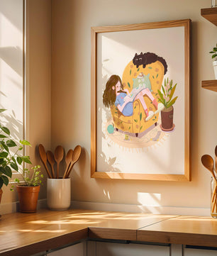 Cozy Reading Corner with Relaxed Girl and Cat