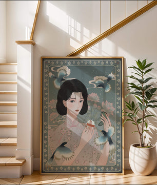 Mujer elegante en kimono floral rodeada de pájaros y flores de loto