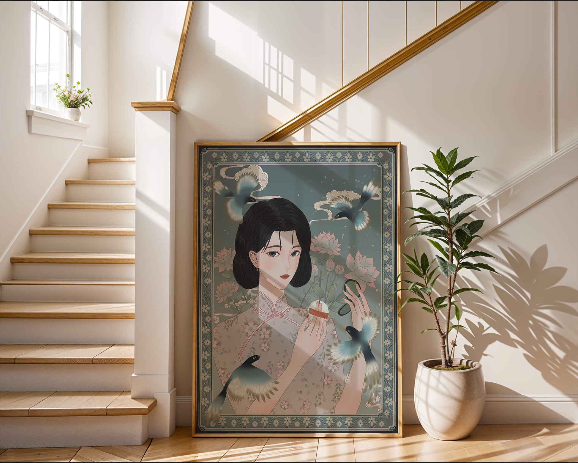 Elegant woman in floral kimono surrounded by birds and lotus flowers