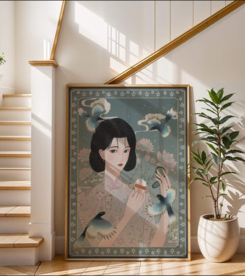 Elegant woman in floral kimono surrounded by birds and lotus flowers