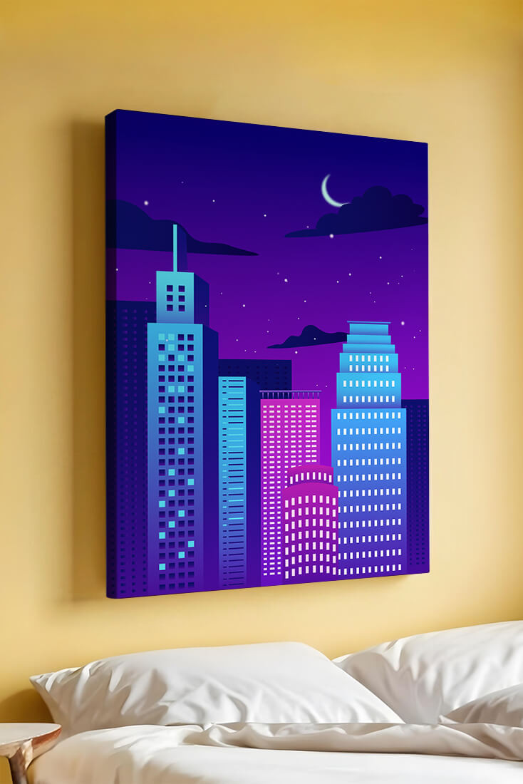 Vibrant city skyline at night with modern skyscrapers and starry sky