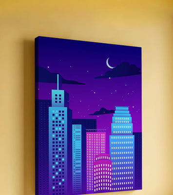 Vibrant city skyline at night with modern skyscrapers and starry sky