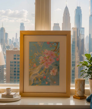 Beautiful Cherry Blossom Branch with Golden Highlights on a Soft Blue Background - Mi tienda