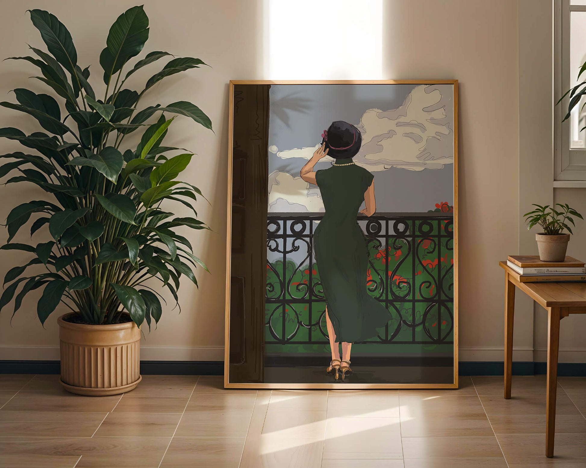 Mujer elegante en un balcón con vista pintoresca y flores rojas